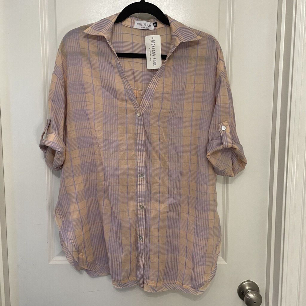 NWT Boutique Highland + Park Peach Purple Oversized Lightweight Button Front Top